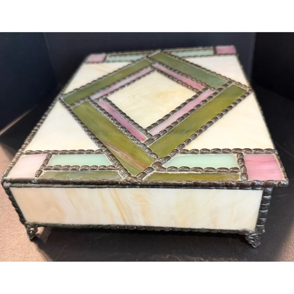 Handcrafted Large Jewelry Box Cream Green‎ Pink Stained Slag Glass Geometric